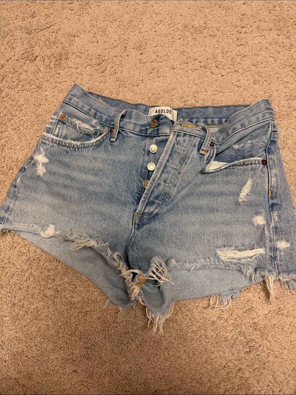 Agolde Parker- Light Blue Distressed High-Rise Denim Cutoff Shorts